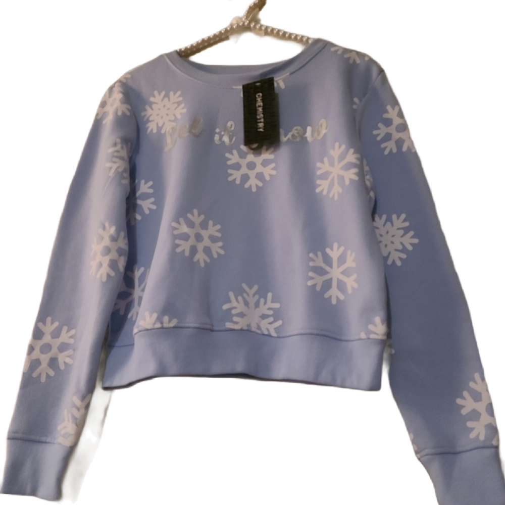 Chemistry, let is snow print, sweater. Light blue
